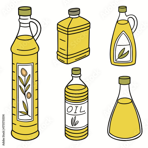 Versatile Olive Oil Selection in Distinctive Bottles for Culinary Creations, Premium Food Ingredients, and Healthy Lifestyle Choices, Scalable Vector Origin