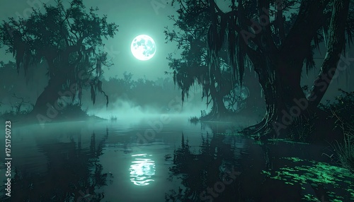 Mysterious moonlit swamp at night, thick mist shrouding ancient trees draped in Spanish moss, reflecting on the calm, dark water under a luminous full moon