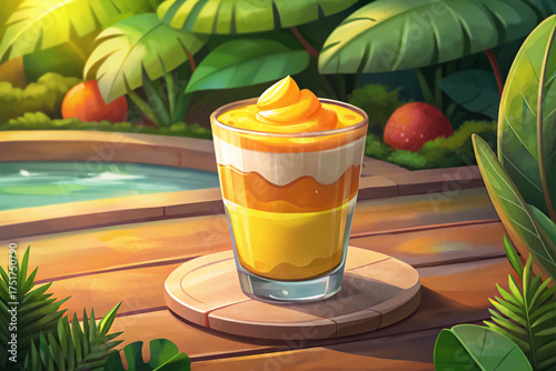 Portuguese mango mousse dessert in a glass soft, fruity, tropical flavor with whipped cream topping