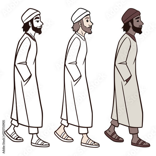 Diverse stylized pilgrims walking forward with determination, representing cultural heritage, spirituality, and global journeys in a modern illustration