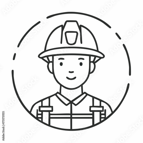 Black and white minimal flat vector icon of a firefighter wearing a helmet, representing safety and bravery