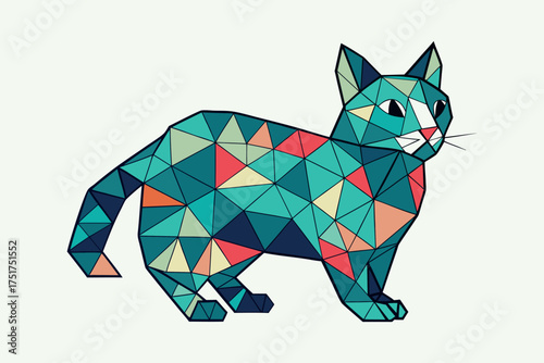 Stylized geometric cat illustration with colorful triangular patterns on a white background