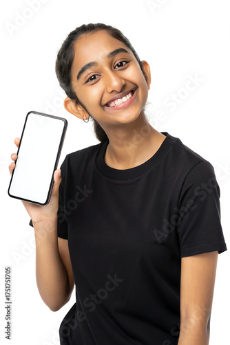 Black T-shirt young woman with mobile phone, Young Indian woman presents blank smartphone screen. Happy girl shows device with empty display. Modern tech, app, design, advertising concept. Female