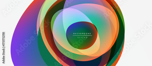Abstract colorful layers create dynamic circular design. Vibrant hues blend, forming modern background element. Smooth gradients offer visual interest.