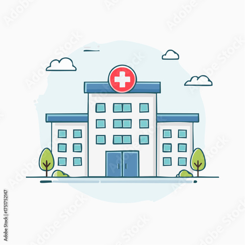 Illustration of a Modern Hospital Building with a Red Cross Symbol