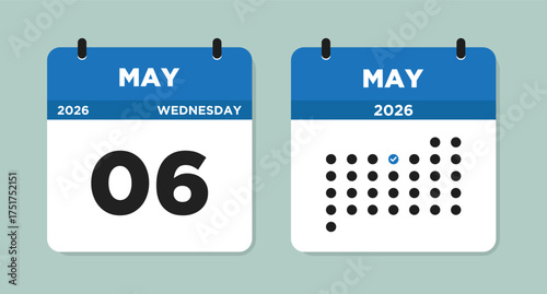 May 6 2026 (Wednesday) Calendar Vector Illustration. Day calendar page with date May 06. Week Starts on Sunday. Modern Flat Calendar template icon. Checklist day calendar.