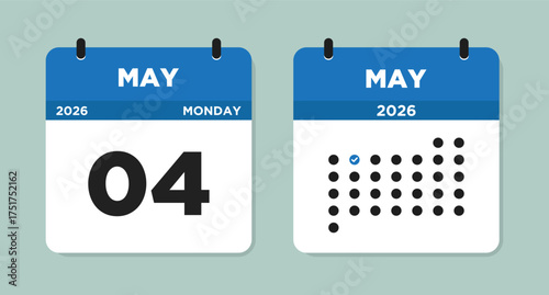 May 4 2026 (Monday) Calendar Vector Illustration. Day calendar page with date May 04. Week Starts on Sunday. Modern Flat Calendar template icon. Checklist day calendar.