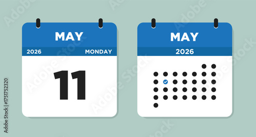 May 11 2026 (Monday) Calendar Vector Illustration. Day calendar page with date May 11. Week Starts on Sunday. Checklist day calendar. Modern Flat Calendar template icon.