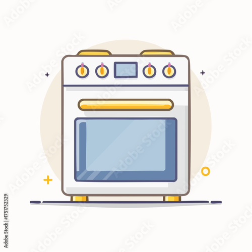 Isolated modern kitchen appliance, a white electric oven with yellow accents and a clear glass door, designed for culinary use