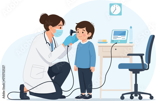 A female pediatrician wearing a mask examines a childs ear with an otoscope during a medical checkup
