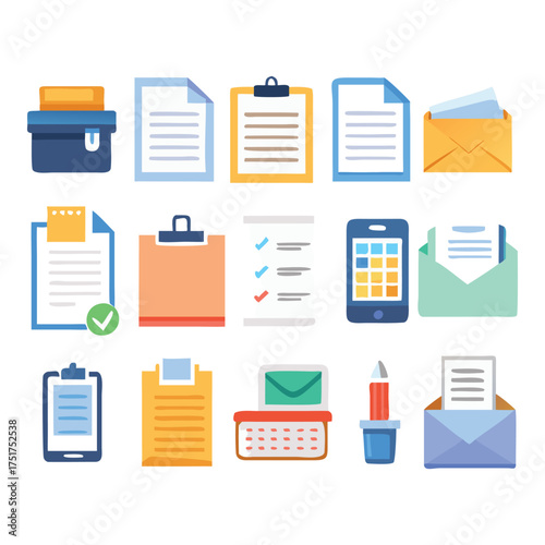 Office stationery icons set for business management and organization flat style illustration one hundred chars , business icons set , Business Icons set
