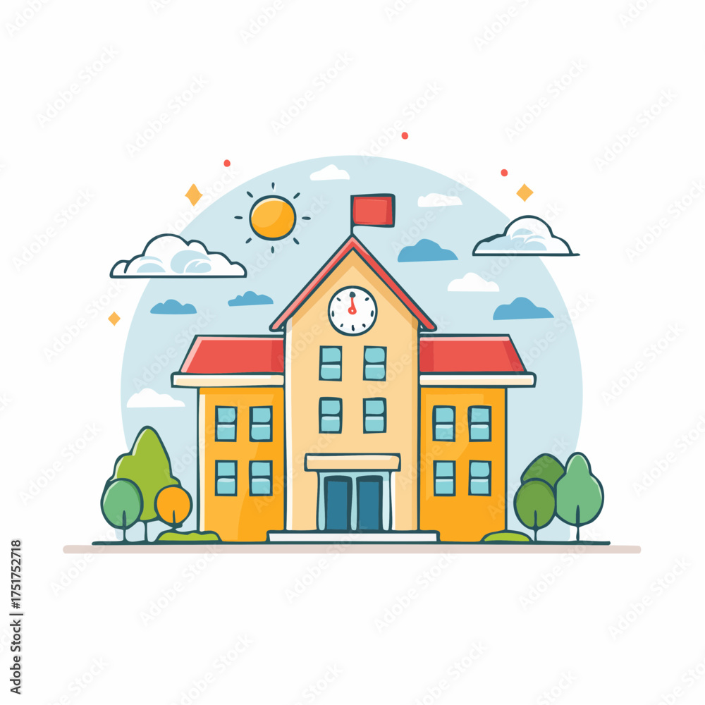 Fototapeta premium Vector illustration of a cheerful school building with trees and clouds under a bright sun