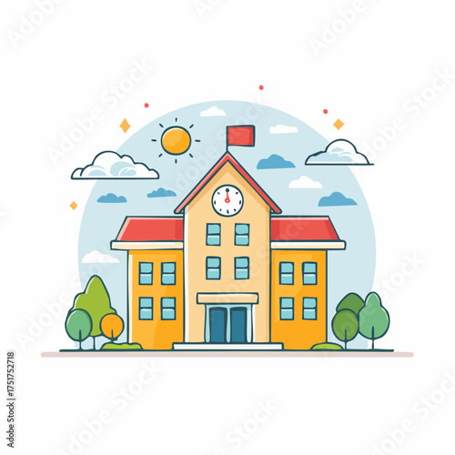 Vector illustration of a cheerful school building with trees and clouds under a bright sun