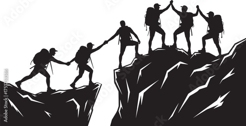 Teamwork Success in Mountain Climbing: Group of Hikers Helping Each Other Cross the Gap to Reach the Peak

