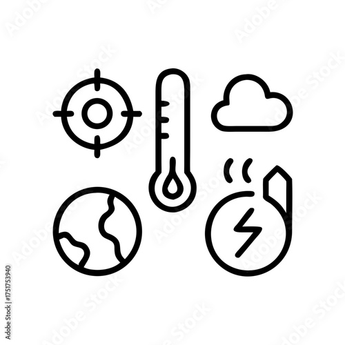 Climate change impact icons, featuring global warming