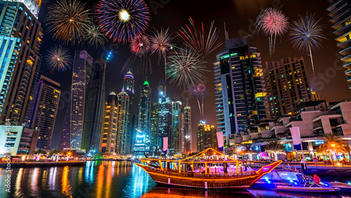 фотографія Spectacular night view of Dubai city with dazzling fireworks surrounding the Burj Khalifa, the tallest building in the world
