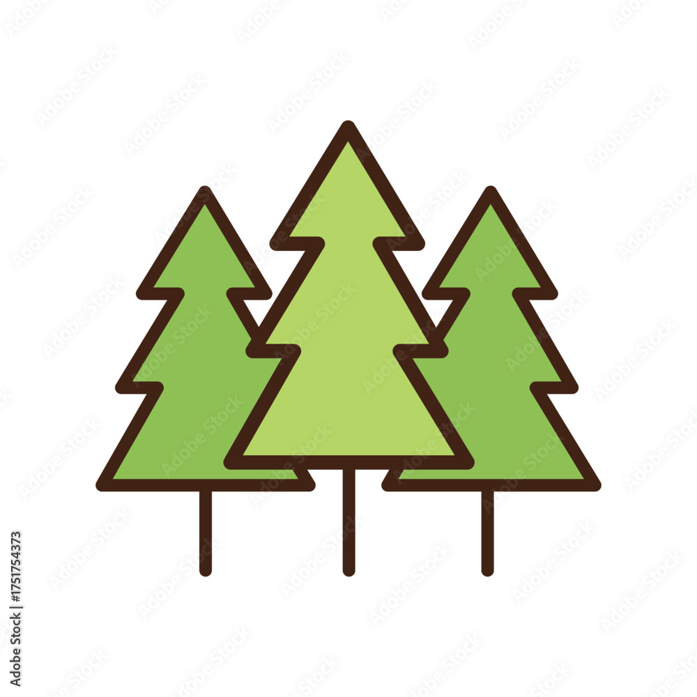 Fototapeta premium Three simple green pine trees stand arranged together closely against a white background
