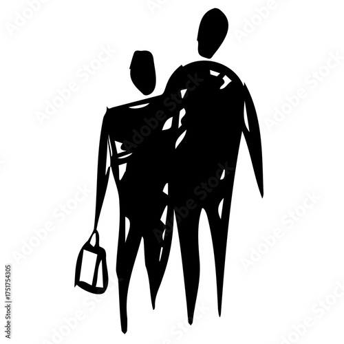 Two people silhouettes in black color for background design, people sketches
