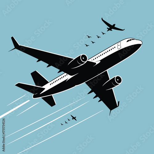 Black airplane flying with birds against blue sky aircraft