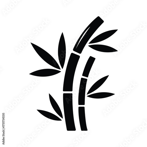 Black bamboo stalks with leaves against a white background are presented in a simple manner