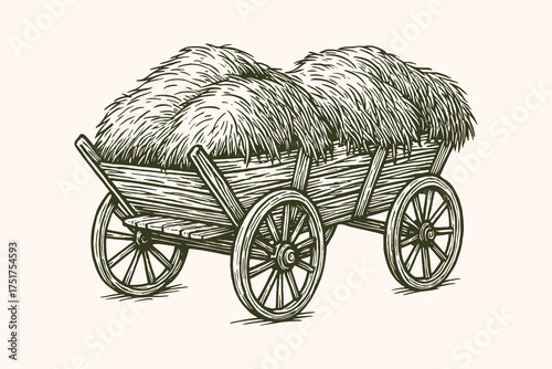 Hay cart vintage engraving rural farm scene vector illustration