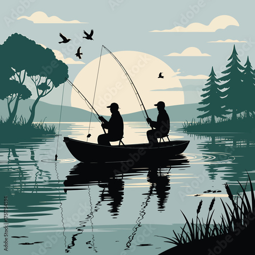 Two fishermen in a boat casting lines at sunset fishing 1