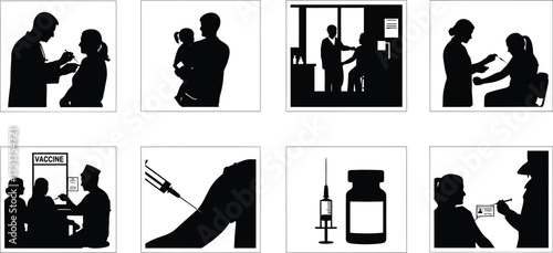 Collection of vaccination and medical procedure silhouettes, representing healthcare, prevention, and immunization themes