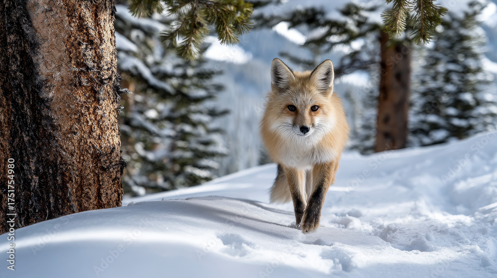 Fototapeta premium Mammals Fox Vulpes vulpes in winter scenery, Poland Europe, animal walking among winter snowy meadow. curious fox playi snow, with paw prints in the freshly fallen snow, surrounded pine trees