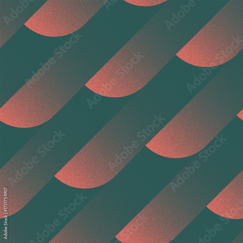 Vector abstract patterned seamless background with mod style dashes and angular shift in red and green colours. Half tone stipple grainy texture brings energetic and dynamic graphic design aesthetics