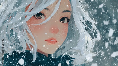 Anime-style portrait of a gorgeous girl with silver hair winter scenery snowflakes falling cool tones elegant
