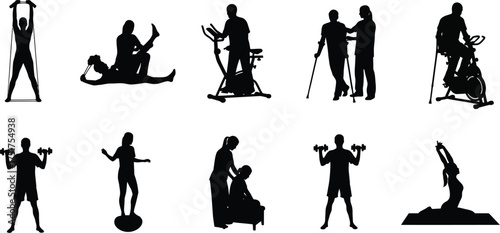 Silhouettes of people doing physical therapy exercises, including stretching, weights and stationary bike
