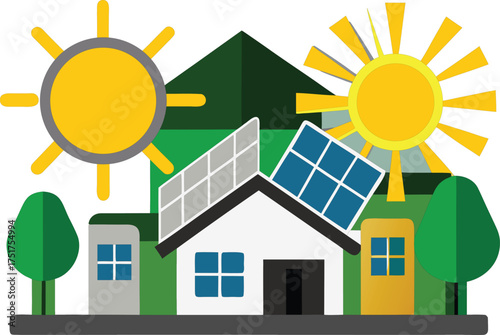 Modern house with solar panels and sun illustration