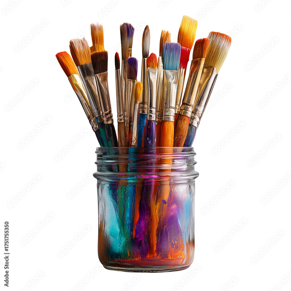 Fototapeta premium Assorted art paint brushes in a glass jar with colorful paint streaks isolated on a transparent background