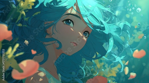 Fototapeta Naklejka Na Ścianę i Meble -  Beautiful anime girl underwater flowing turquoise hair coral reef background ethereal and serene