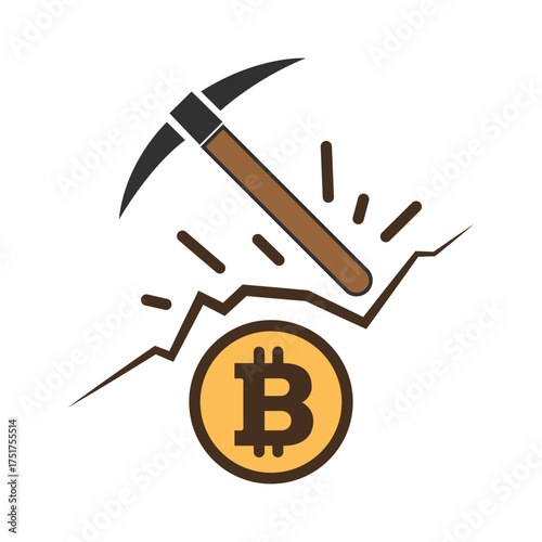 Pickaxe is mining bitcoin while the price chart rises upwards against a white background