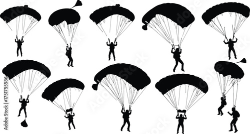 Silhouettes of skydivers with parachutes collection of black vector illustrations of people jumping with parachute