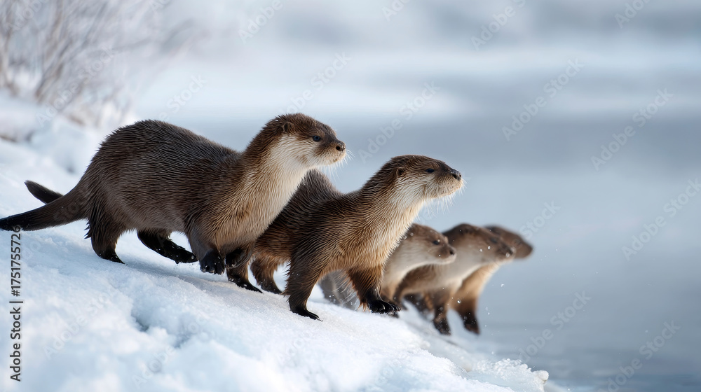 Obraz premium A family of otters sliding down a snowy hill into a frozen river, laughing and playing in the wintery landscape