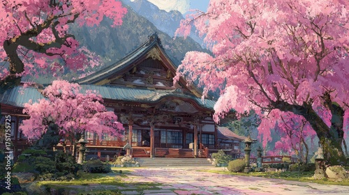Irresistible anime darling ancient Japanese temple grounds sakura trees blooming all around
