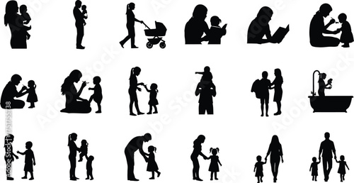 Silhouette collection of mother and child activities, showcasing the beautiful bond and love between them in various scenes