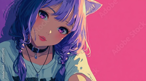 Cute anime girl with cat ears pastel pink and purple background kawaii aesthetic playful expression wallpaper