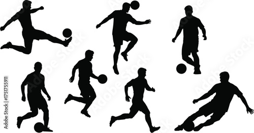 Dynamic soccer player silhouettes, capturing various action poses of kicking, running, and dribbling the ball
