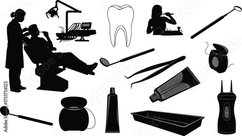 Silhouette illustrations of dental equipment and a dentist with a patient includes tools and hygiene items