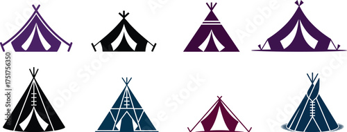 Diverse Tent Icons Camping and Outdoor Shelter Representations Featuring Teepees Canvas Tents and Various Architectural Styles for Recreational and Symbolic Purposes