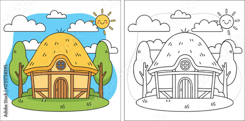 Charming cozy countryside village house with thatched roof and trees under sunny sky