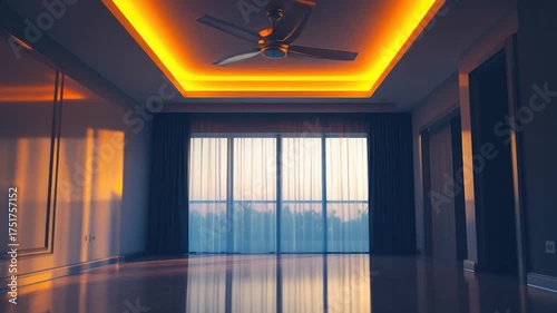 A cozy room with a ceiling fan spinning and a window allowing natural light in