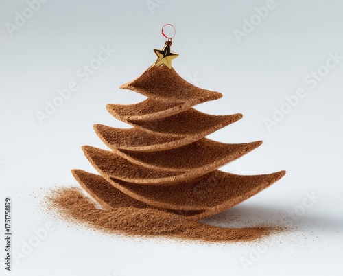 Photo of a Christmas tree made from cinnamon on a light background, festive holiday concept.