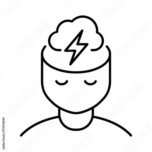 Person with a lightning bolt and cloud above the head. Symbol of a stress, anxiety, headache, tension, burnout and negative emotions. Concepts of mental health and depression. Vector illustration.