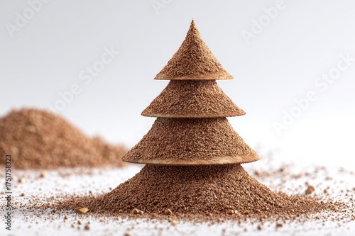 Minimalist photo of a Christmas tree made from ground cinnamon on a clean white background, festive and creative holiday concept.