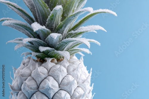 Modern high-resolution photo of a white pineapple with green leaves covered in snow on a light blue background, stylish creative e-commerce concept.