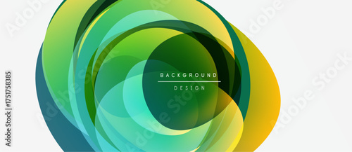 Abstract circular design. Vibrant green, yellow, blue layers create flowing visual effect. Modern background element.